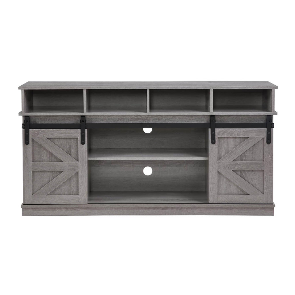 Grey Wood TV Stand with Sliding Barn Doors and 4 Drawers X900
