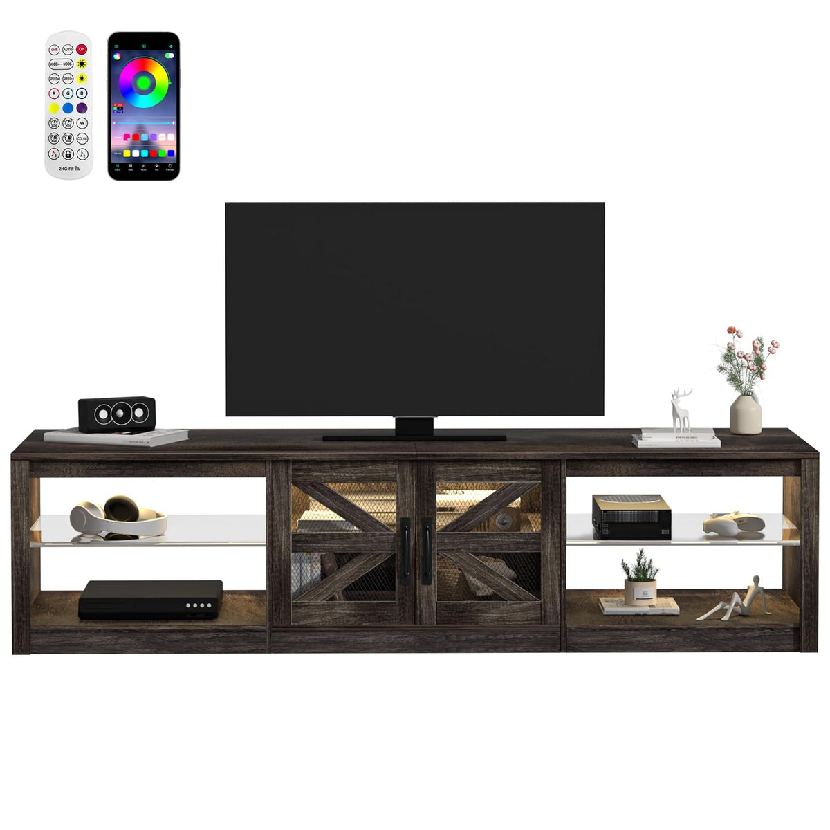 Rustic Brown Grey TV Stand with Sliding Barn Door J4866
