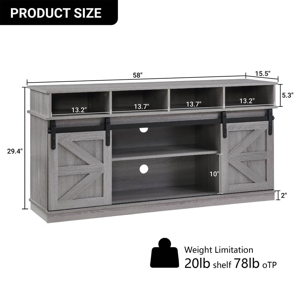 Grey Wood TV Stand with Sliding Barn Doors and 4 Drawers X900