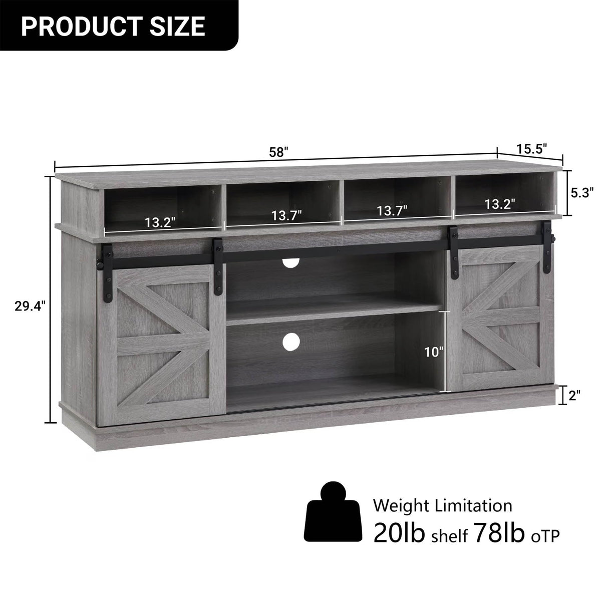 Grey Wood TV Stand with Sliding Barn Doors and 4 Drawers X900