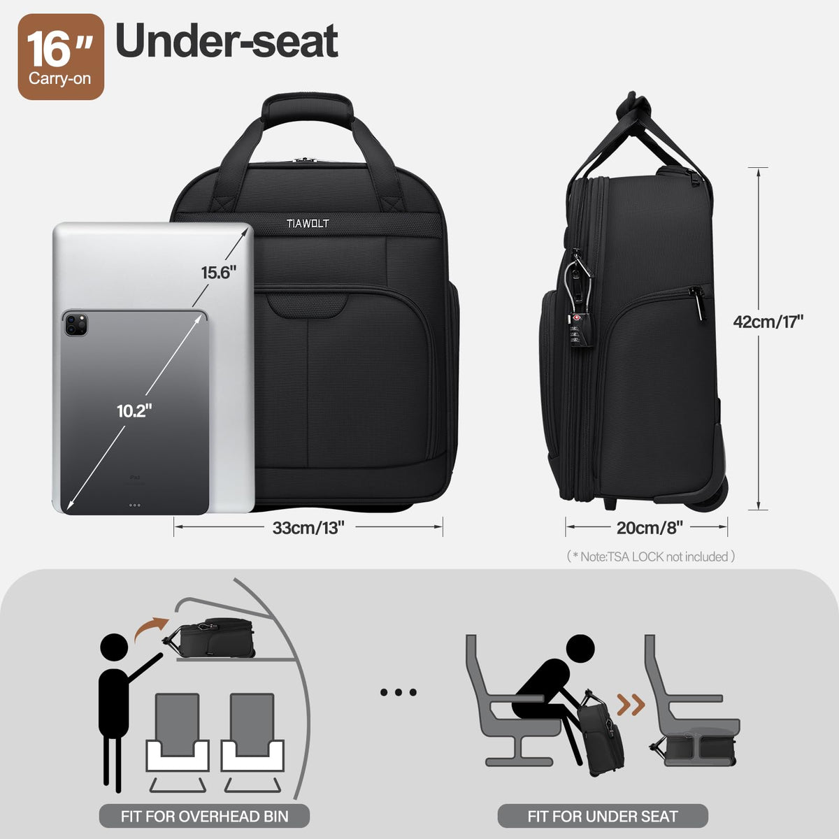 16-Inch Underseat Carry on Luggage with Wheels Black W4975