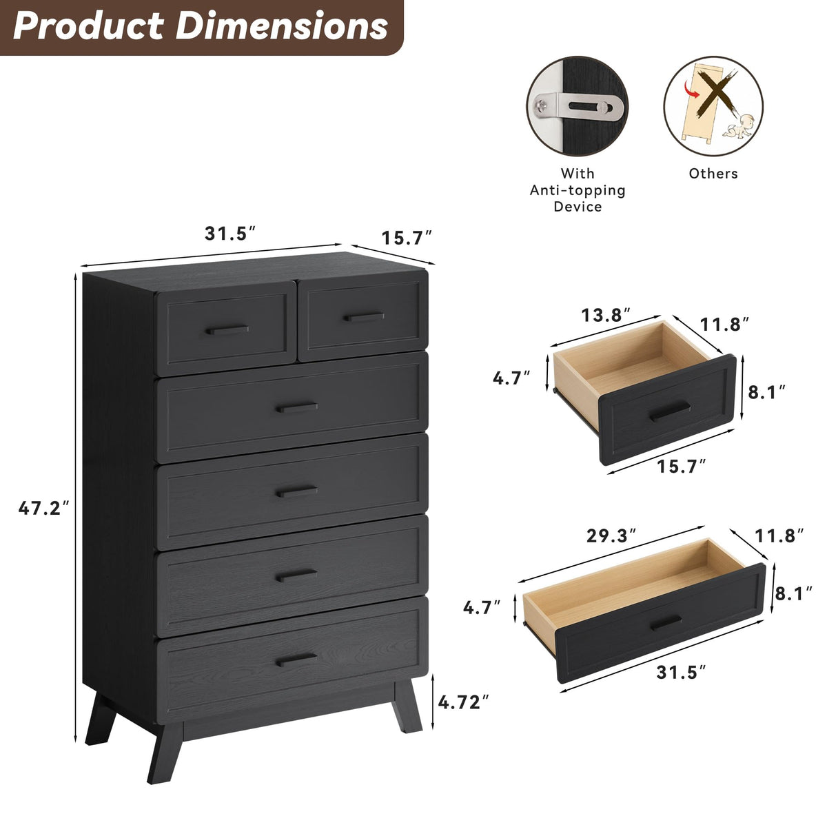 Black 6 Drawer Dresser N2973