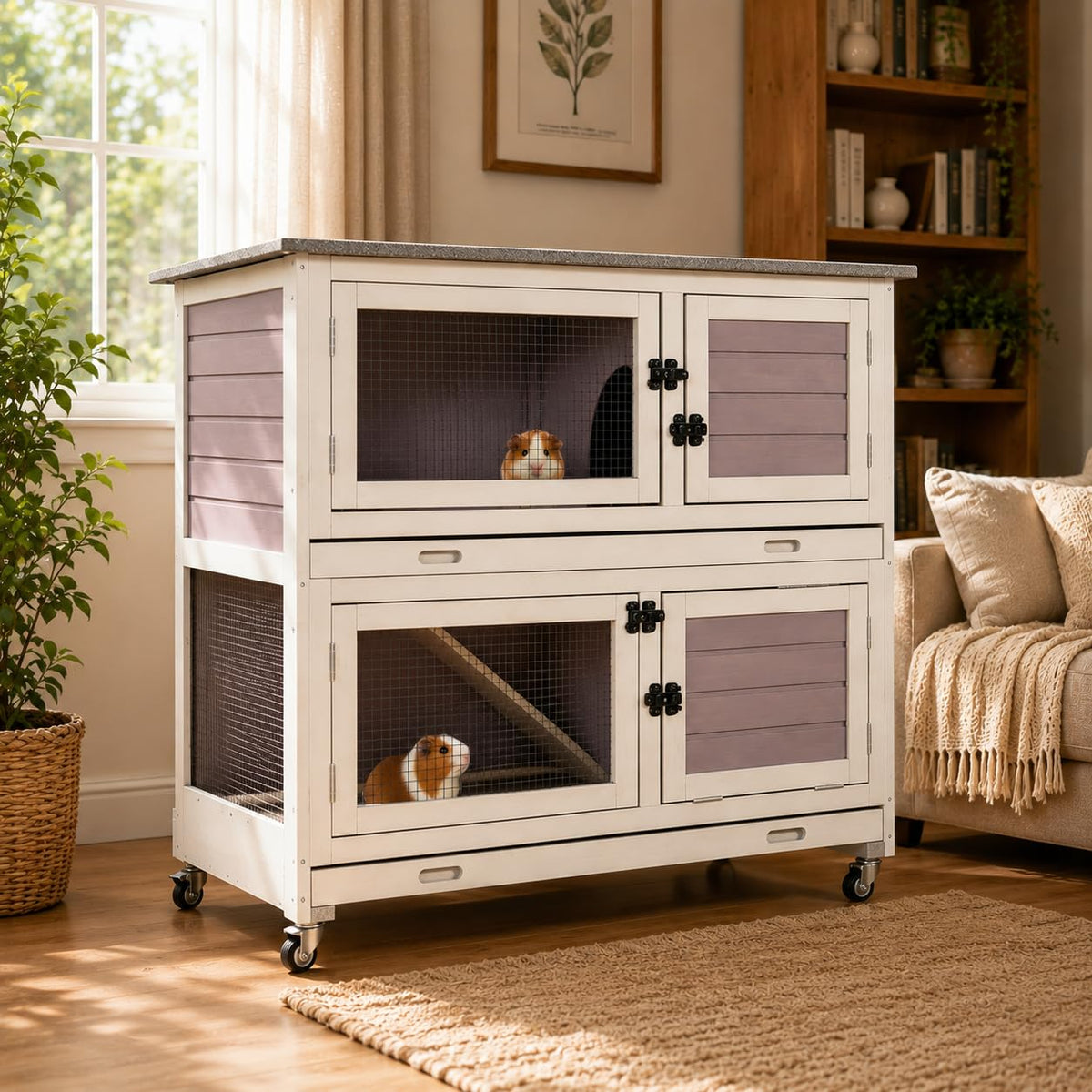 Two-Tier Guinea Pig Cage Rabbit Hutch with Ramp D783871