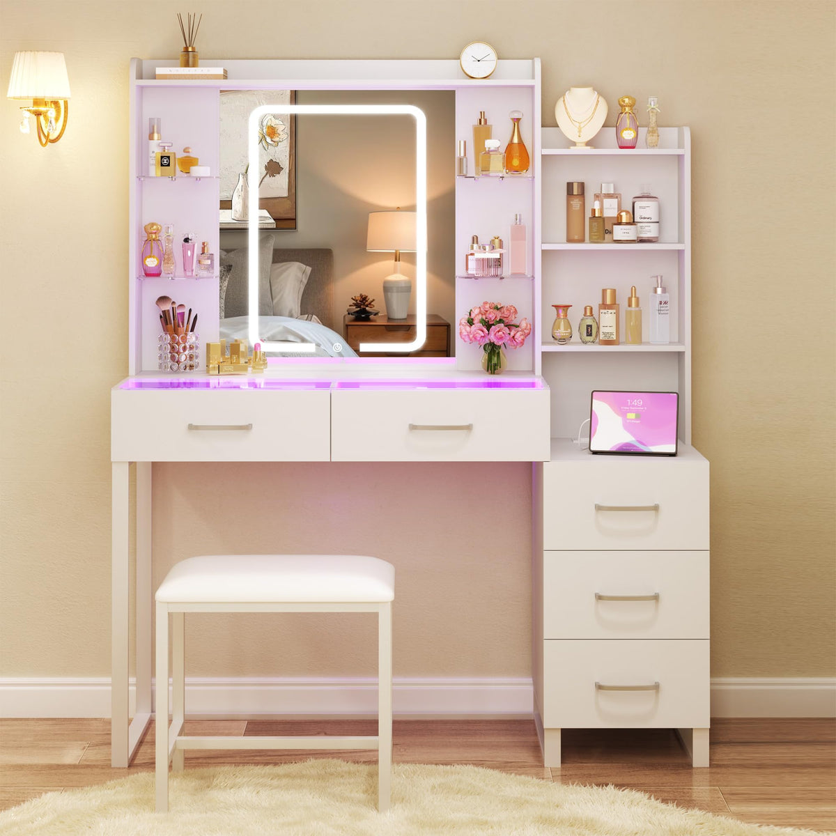 White Vanity Desk with Mirror and Stool 5 Drawers B85682