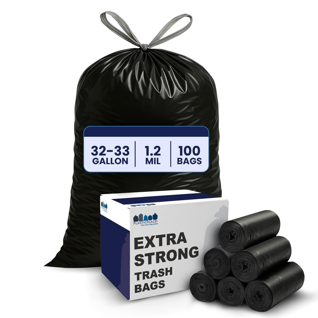 32-33 Gallon 1.2 Mil Black Drawstring Trash Bags, 100 Count G2005