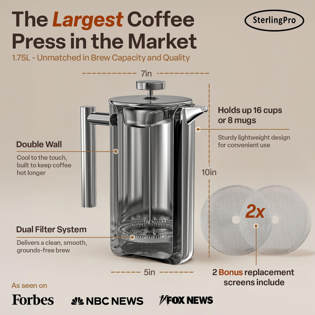 Extra Large Insulated Stainless Steel French Press Coffee Maker 2L N1529