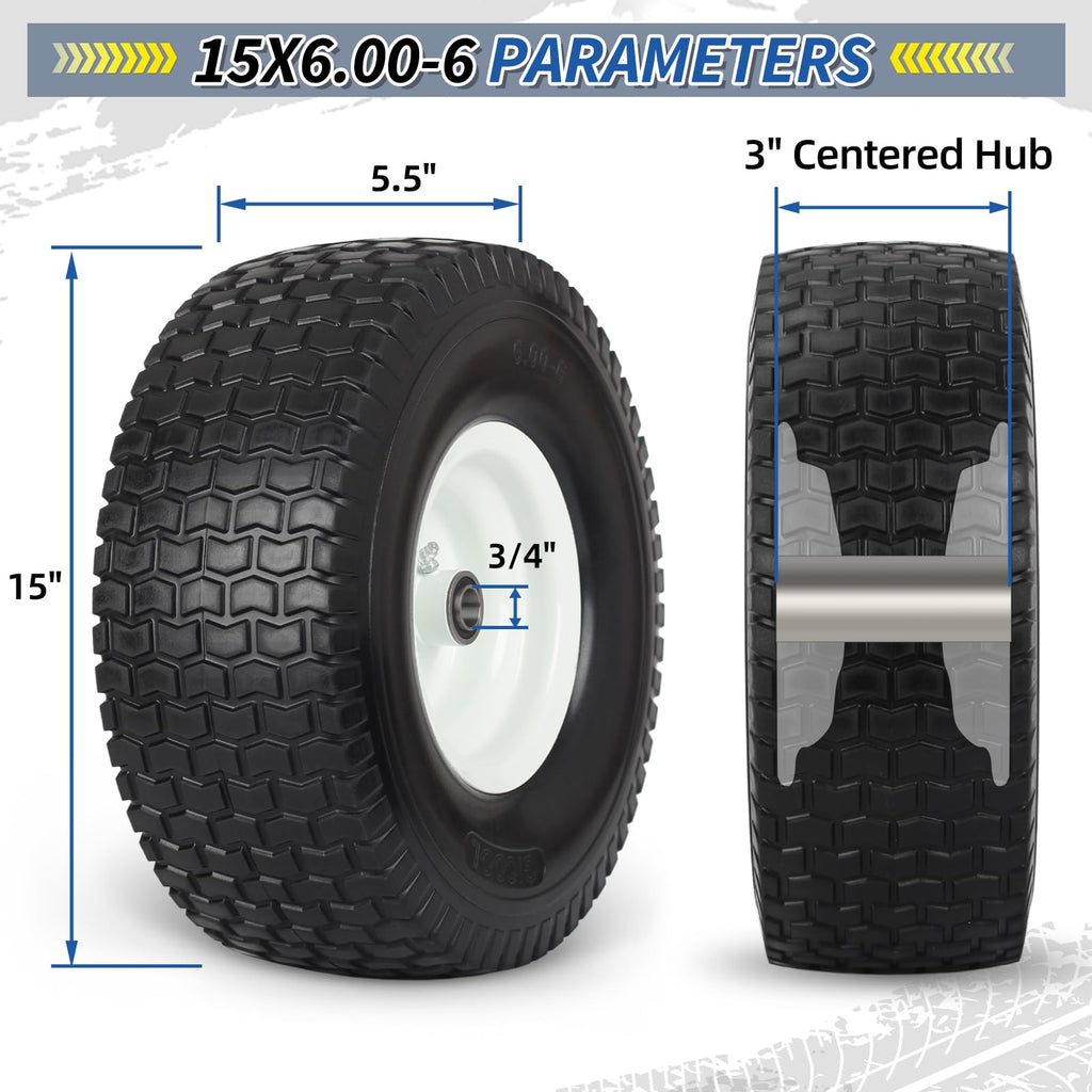 15x6.00-6 Flat Free Lawn Mower Tire and Wheel, 2 Pack I47697