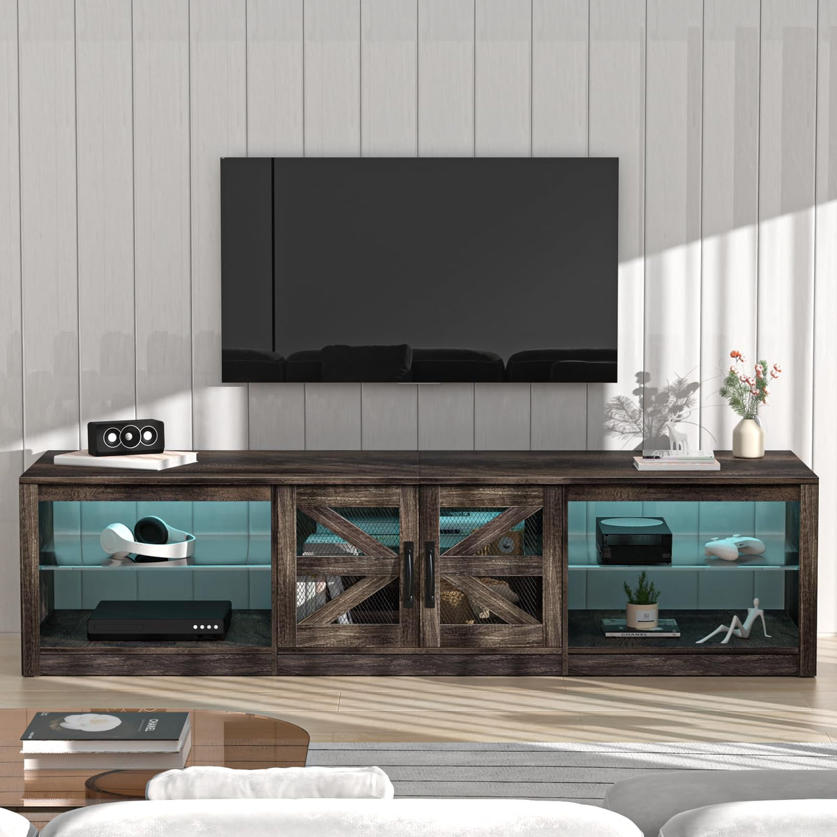 Rustic Brown Grey TV Stand with Sliding Barn Door J4866