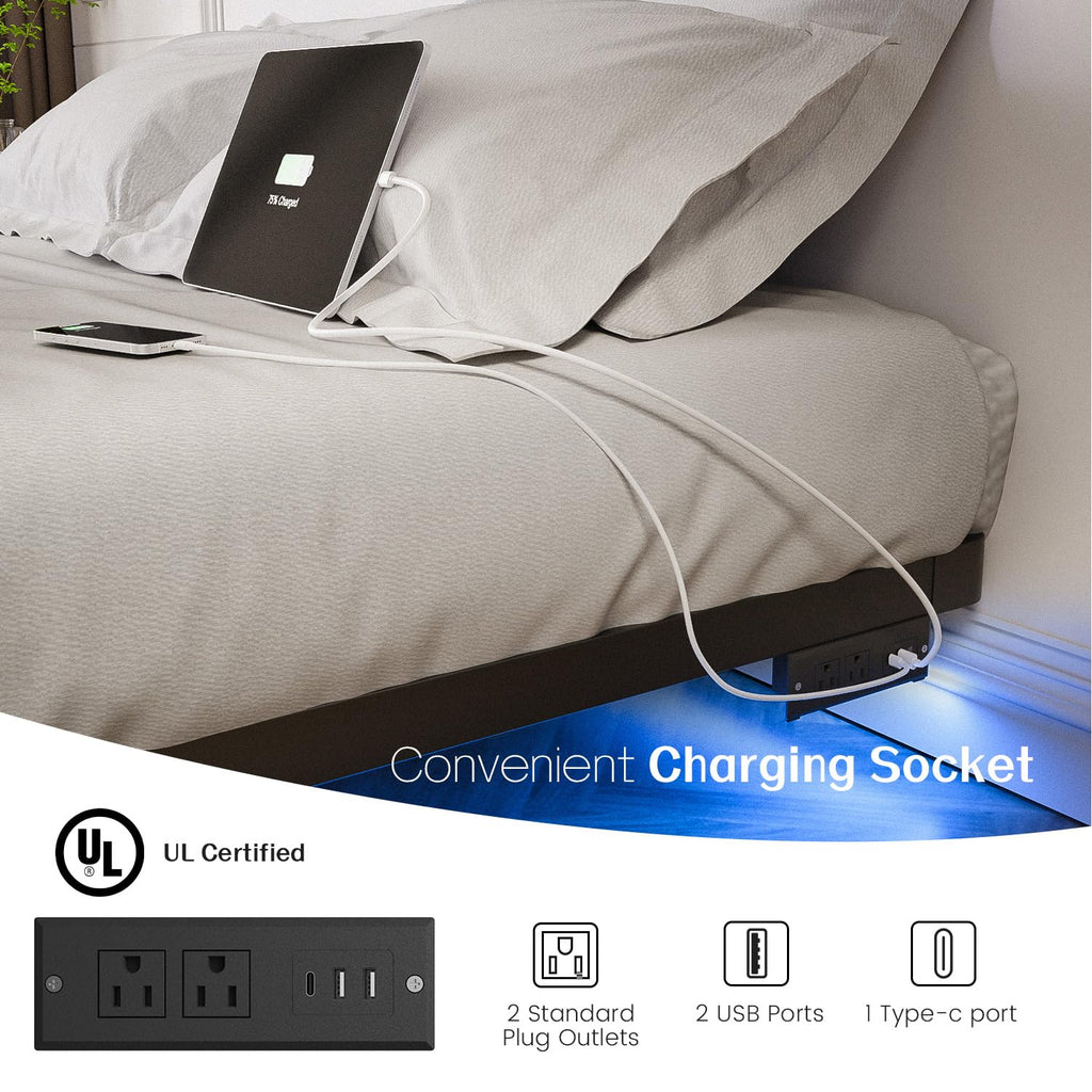 Full Size Metal Floating Bed Frame with LED Light & Charging Station D1125