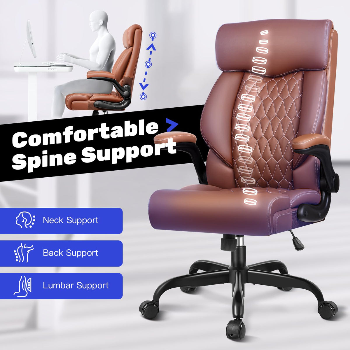 High Back Ergonomic Leather Office Chair with Flip-Up Armrests M3805