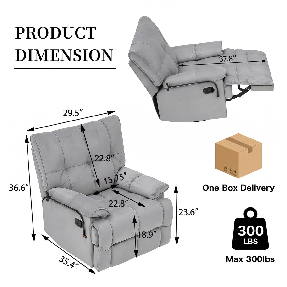 Velvet Swivel Recliner Accent Chair with Detachable Side Phone Holder V266
