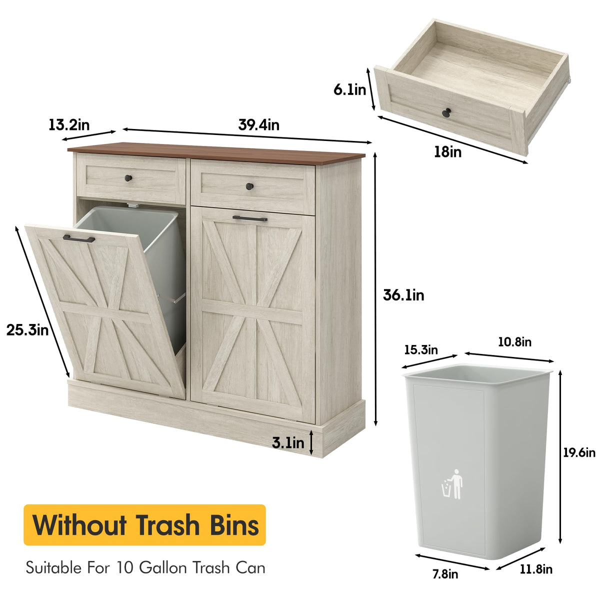 Double Tilt Out Trash Bin Holder Walnut White Wooden 10 Gallon Z766