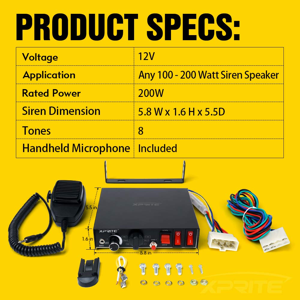 200 Watt 8 Tones Emergency Warning Siren PA System Kit with Handheld Microphone L104