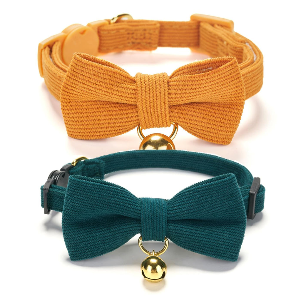 2 Pack Soft Corduroy Cat Collars with Bow Tie & Bell F79922