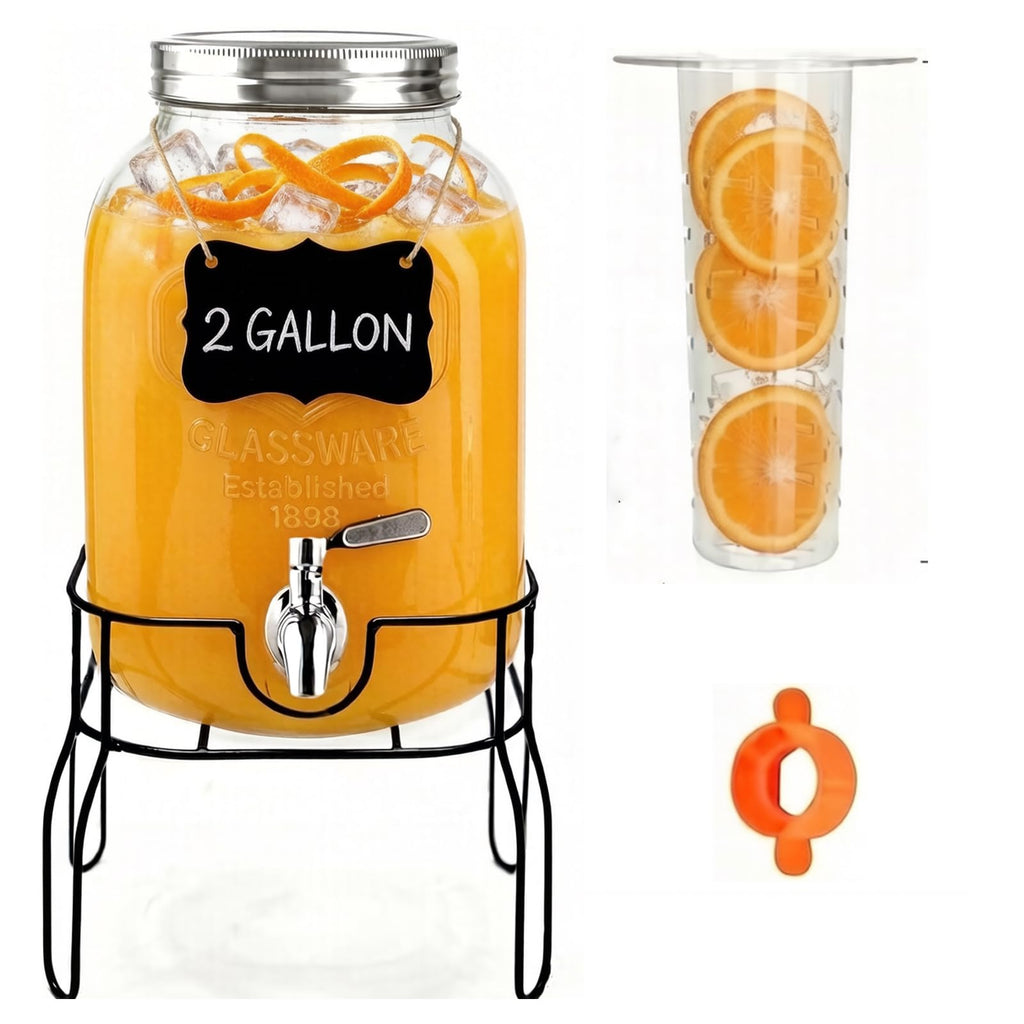 2 Gallon Glass Beverage Dispenser with Stand, Lid & Ice Core H6138
