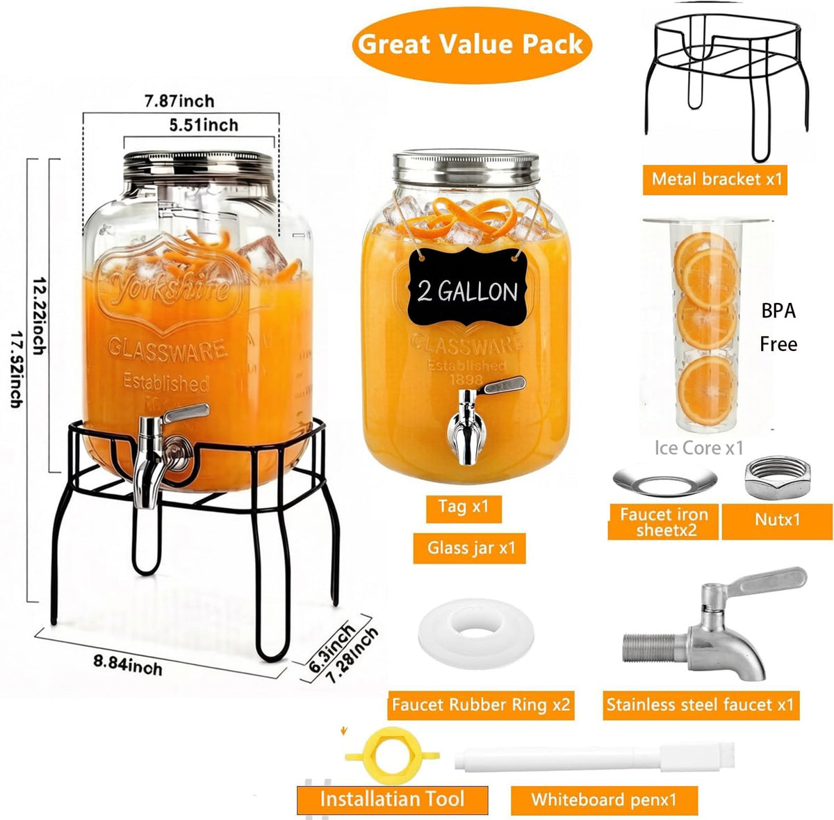 2 Gallon Glass Beverage Dispenser with Stand, Lid & Ice Core H6138