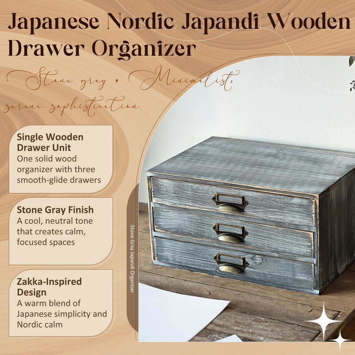 Solid Wood Grey 3 Drawer Desktop Organizer N3481