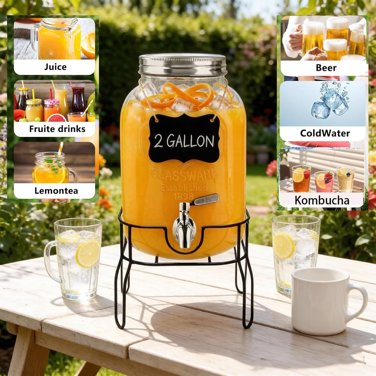 2 Gallon Glass Beverage Dispenser with Stand, Lid & Ice Core H6138