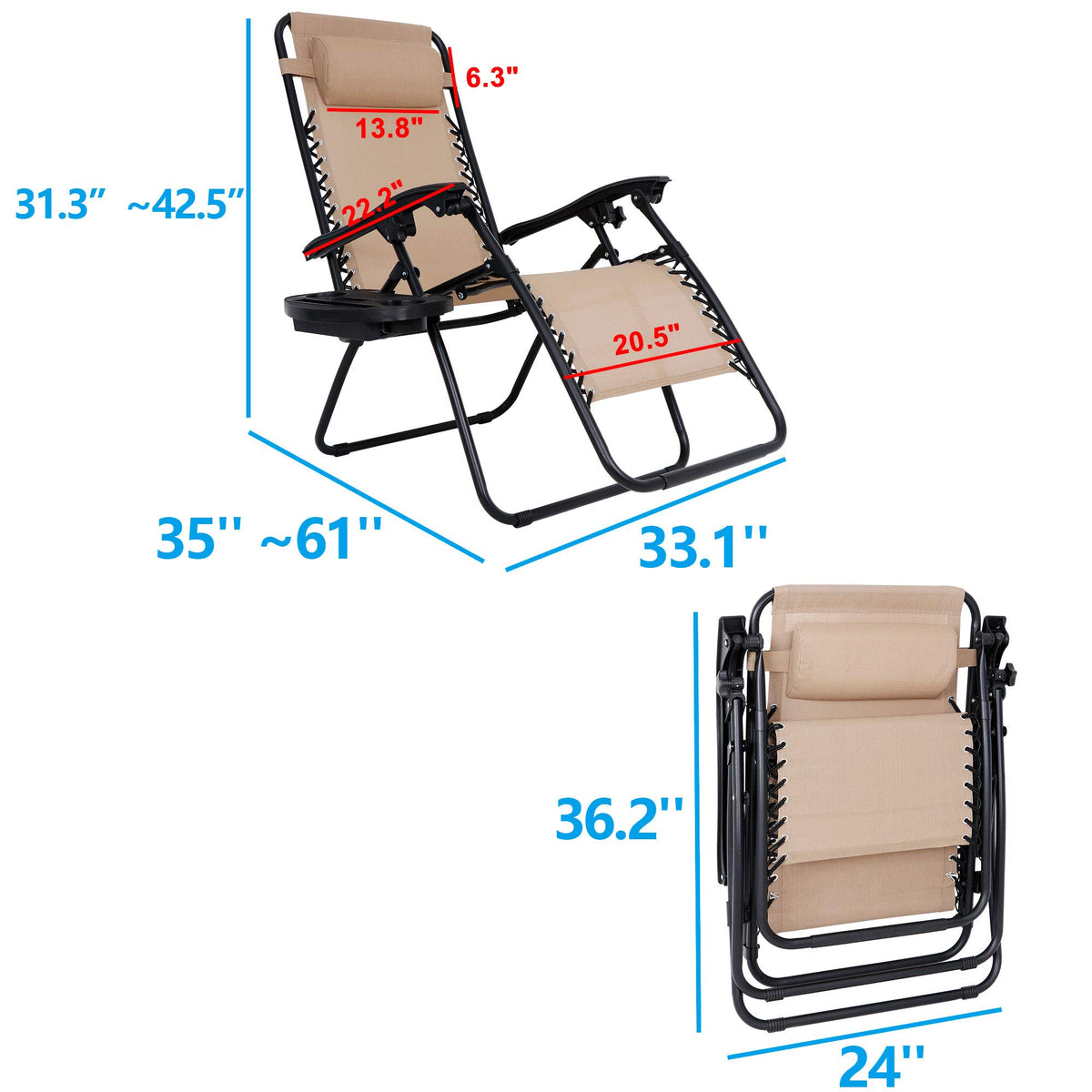 Zero Gravity Chair Set of 2 Folding Recliner with Cup Holder Tray and Pillow S5543