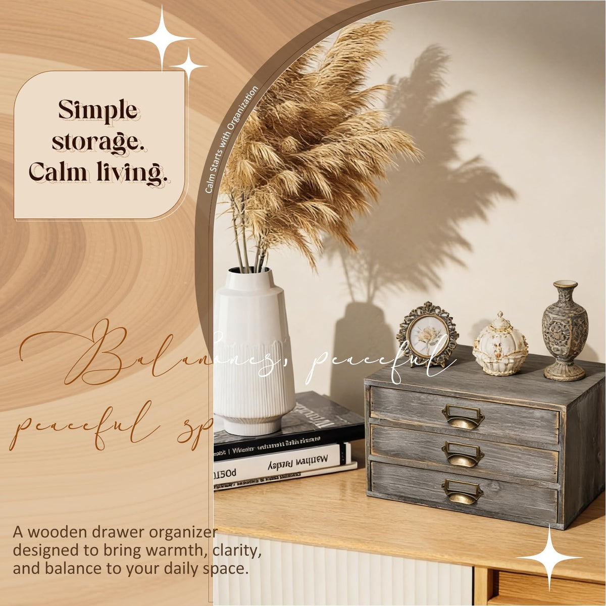 Solid Wood Grey 3 Drawer Desktop Organizer N3481