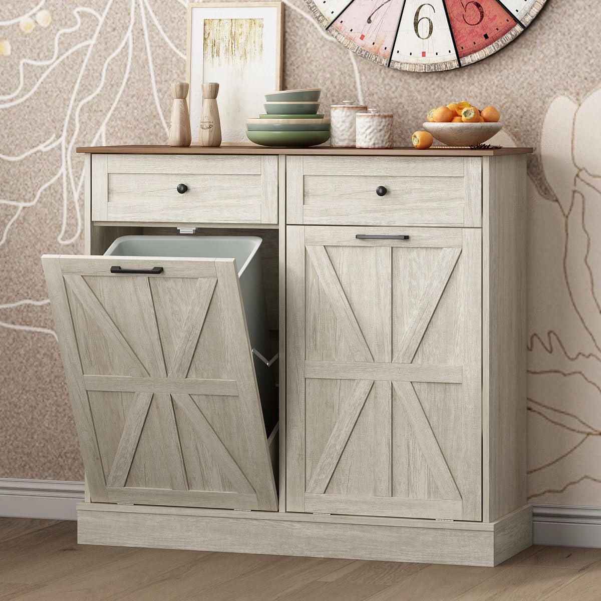 Double Tilt Out Trash Bin Holder Walnut White Wooden 10 Gallon Z766