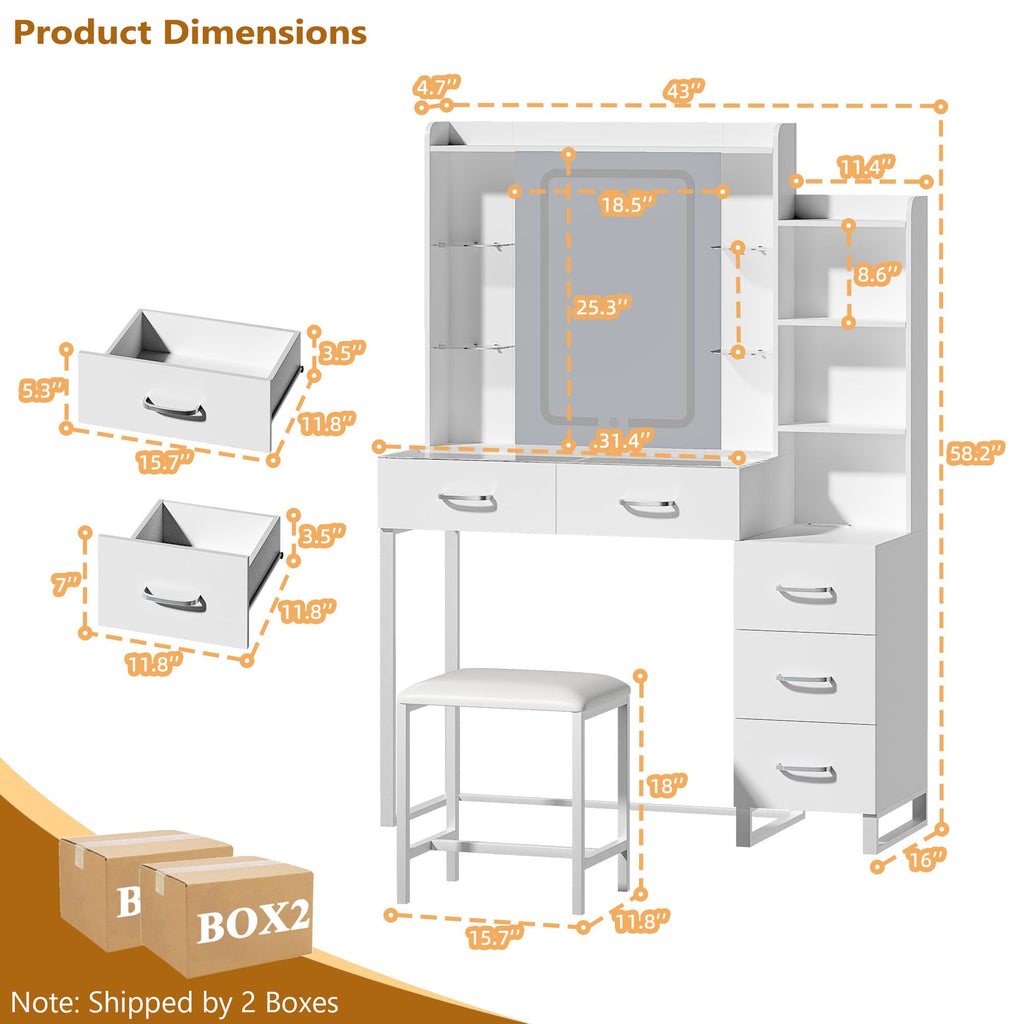 White Vanity Desk with Mirror and Stool 5 Drawers B85682
