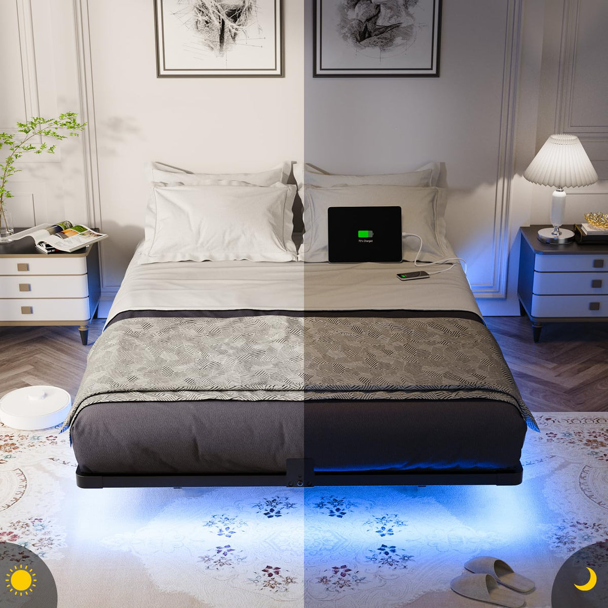 Full Size Metal Floating Bed Frame with LED Light & Charging Station D1125