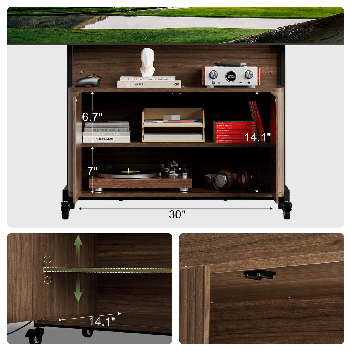 Rolling TV Stand with Mount for 32-75 Inch, Walnut I99174