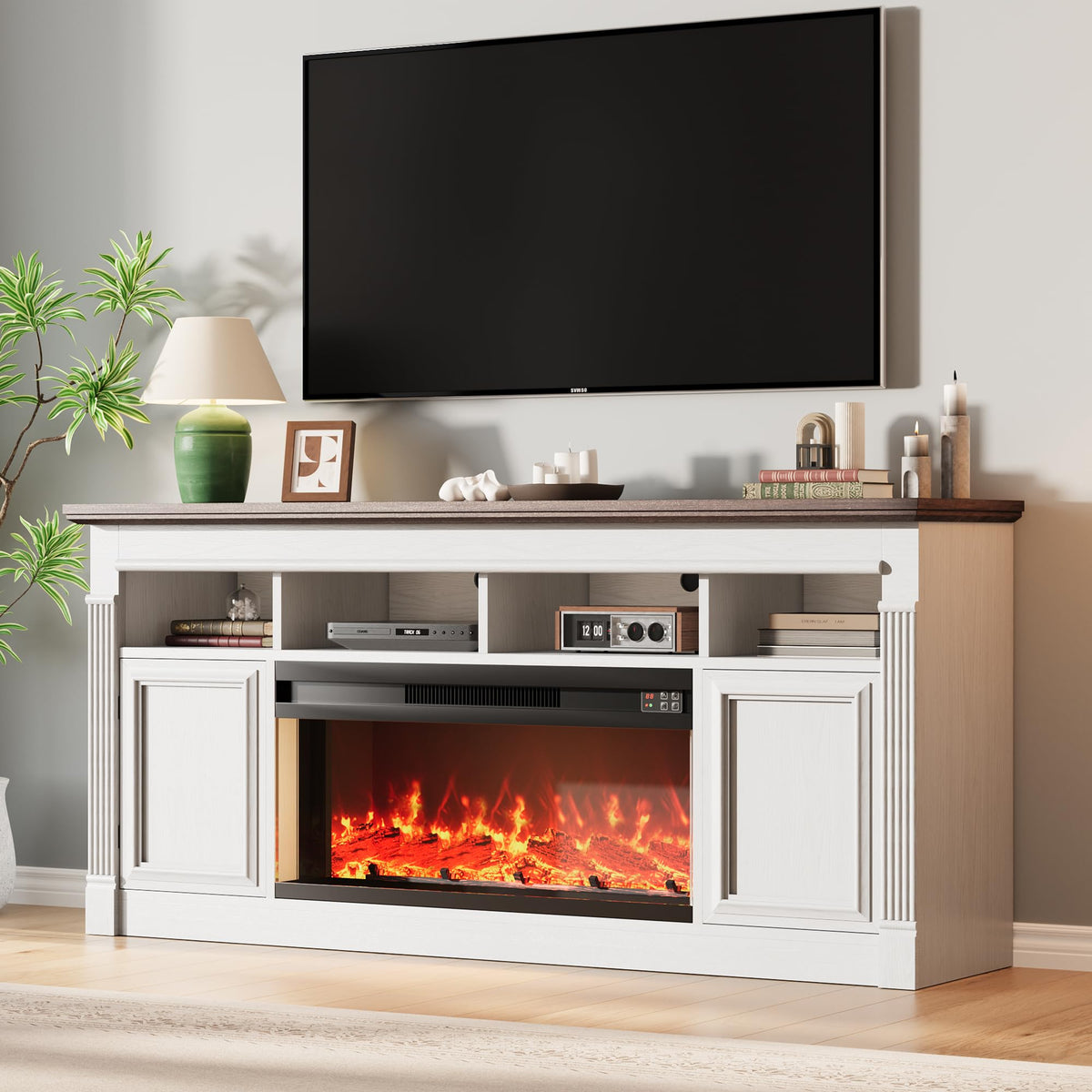 66 Inch White & Brown Two-Tone Fireplace TV Stand E851475