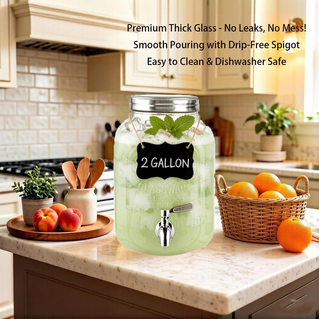 2 Gallon Glass Beverage Dispenser with Stand, Lid & Ice Core H6138