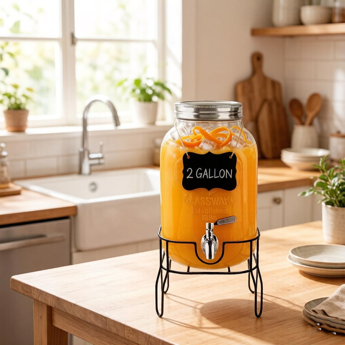 2 Gallon Glass Beverage Dispenser with Stand, Lid & Ice Core H6138