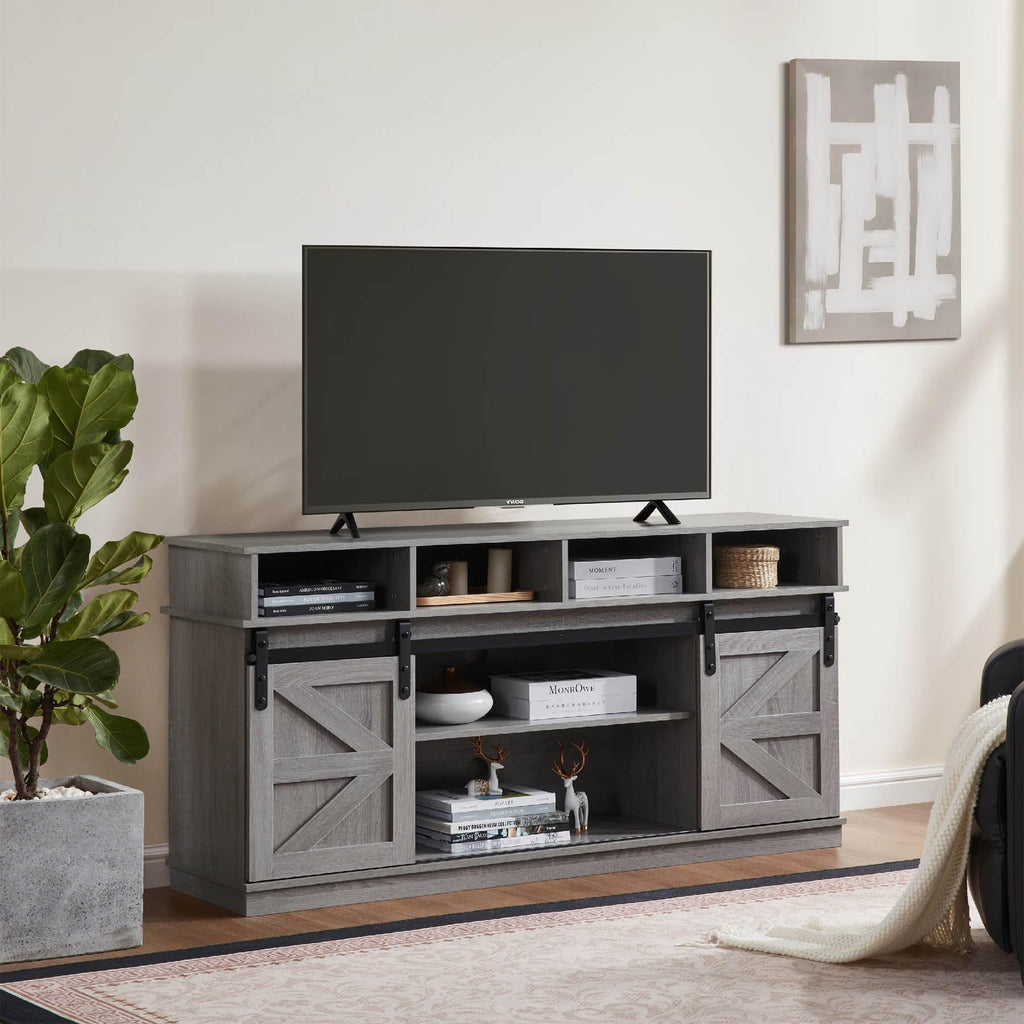 Grey Wood TV Stand with Sliding Barn Doors and 4 Drawers X900