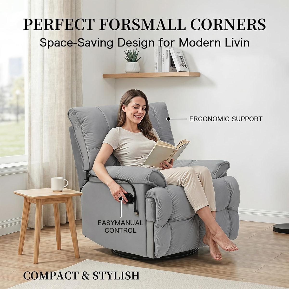 Velvet Swivel Recliner Accent Chair with Detachable Side Phone Holder V266