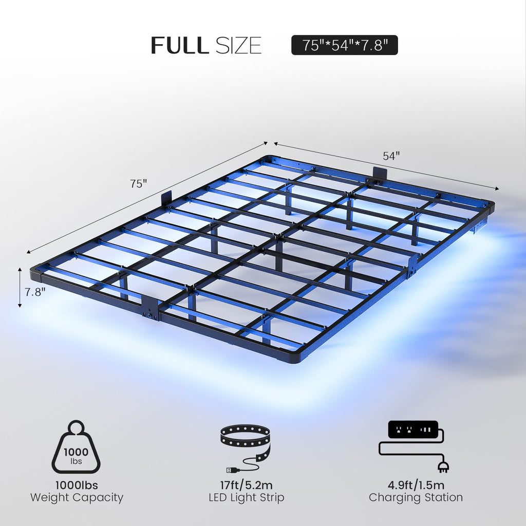 Full Size Metal Floating Bed Frame with LED Light & Charging Station D1125