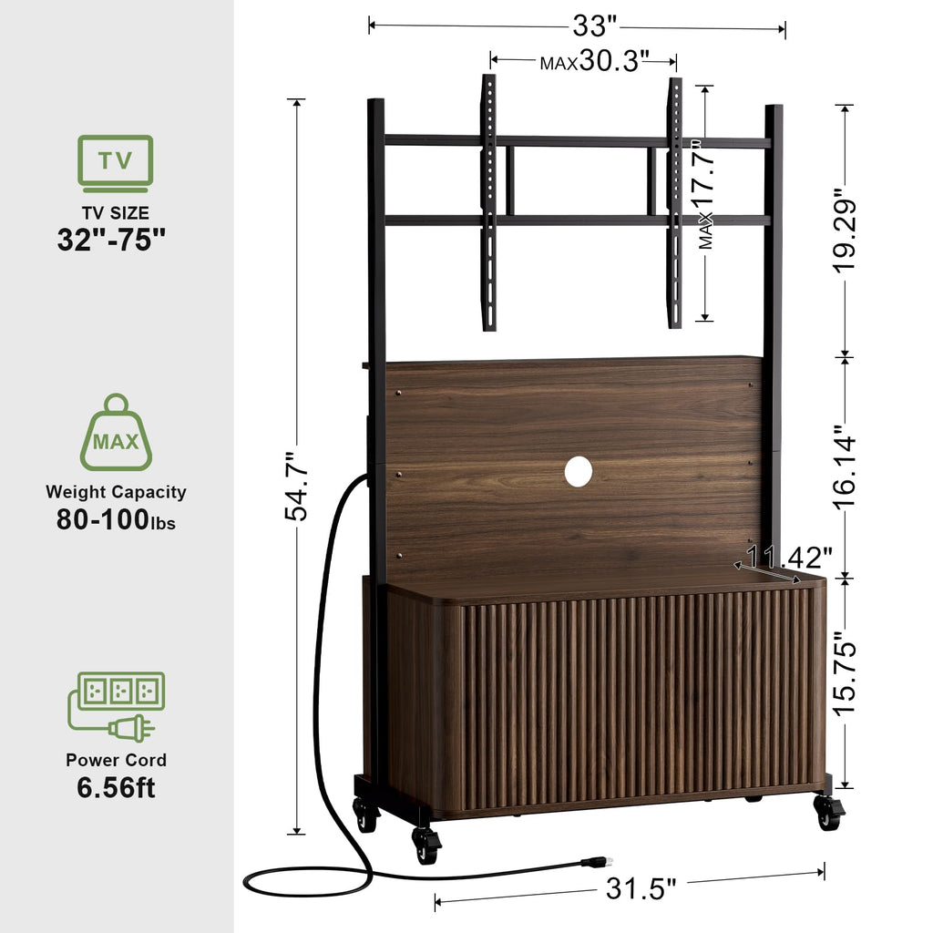 Rolling TV Stand with Mount for 32-75 Inch, Walnut I99174