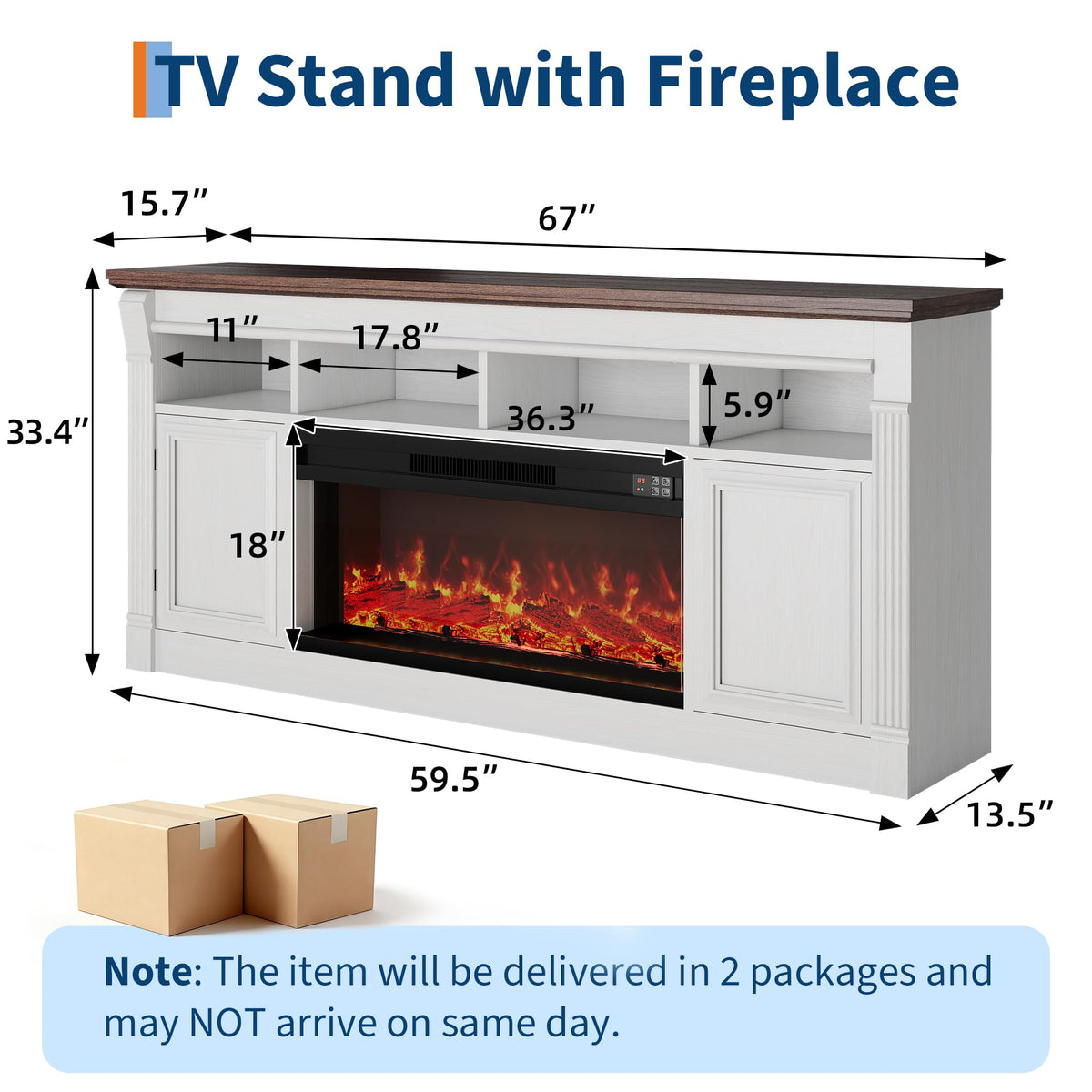 66 Inch White & Brown Two-Tone Fireplace TV Stand E851475