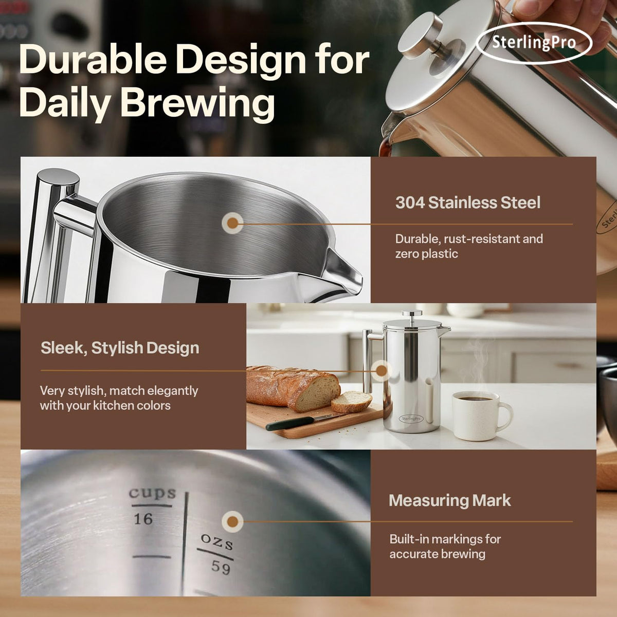 Extra Large Insulated Stainless Steel French Press Coffee Maker 2L N1529