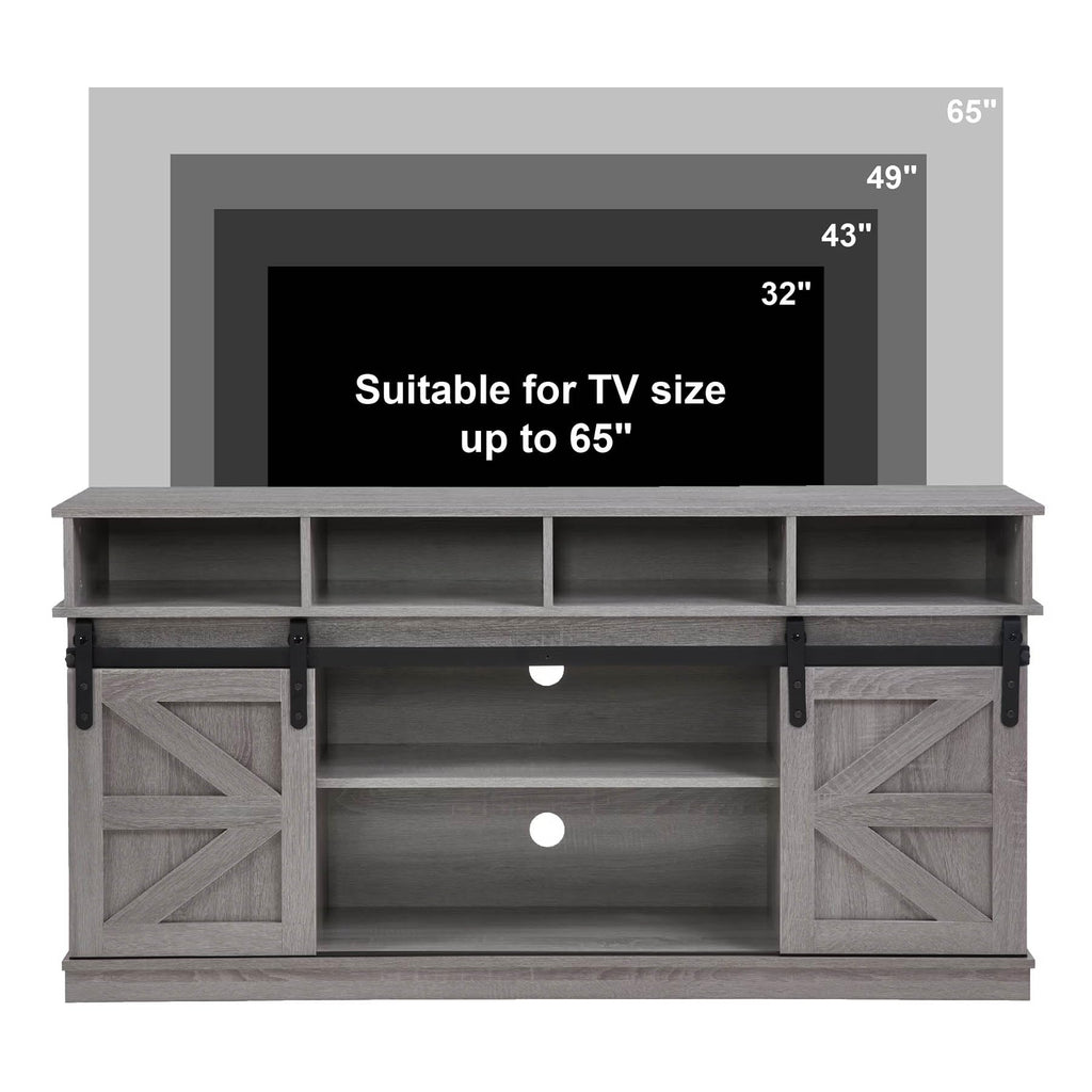 Grey Wood TV Stand with Sliding Barn Doors and 4 Drawers X900