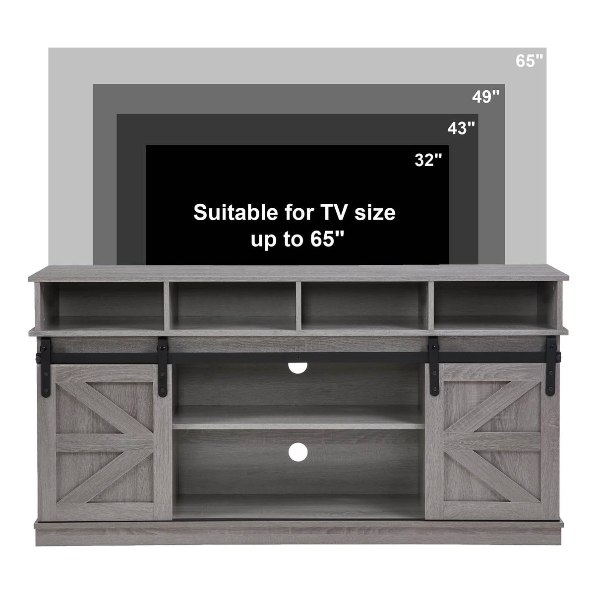 Grey Wood TV Stand with Sliding Barn Doors and 4 Drawers X900
