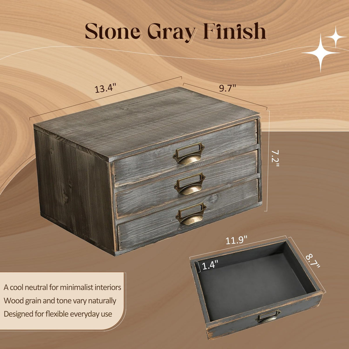 Solid Wood Grey 3 Drawer Desktop Organizer N3481