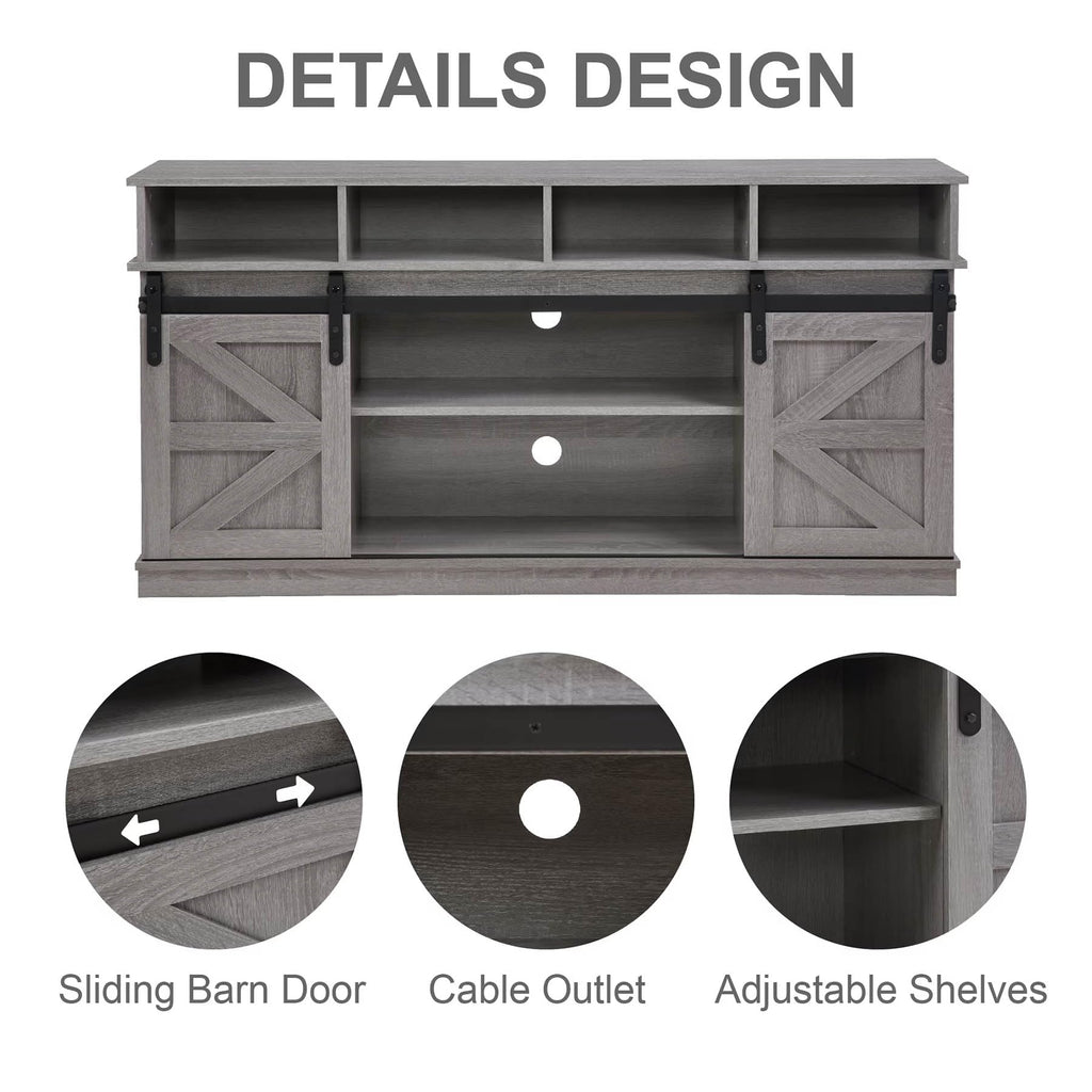 Grey Wood TV Stand with Sliding Barn Doors and 4 Drawers X900