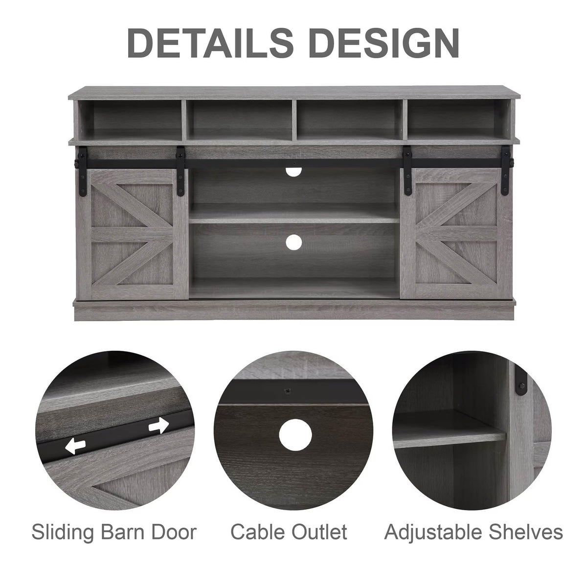 Grey Wood TV Stand with Sliding Barn Doors and 4 Drawers X900