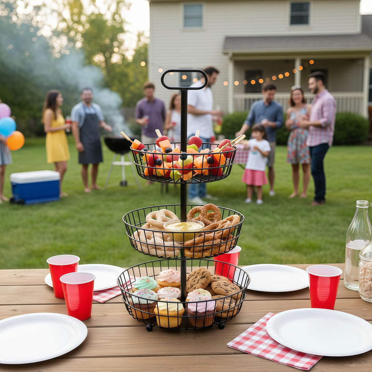 3-Tier Metal Round Standing Fruit Basket with Handle P35857