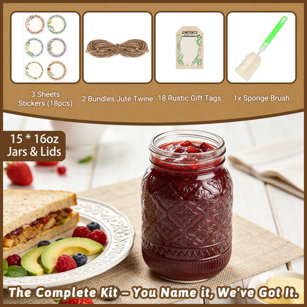 16oz Embossed Mason Jars 15-Pack with Airtight Lids D245366