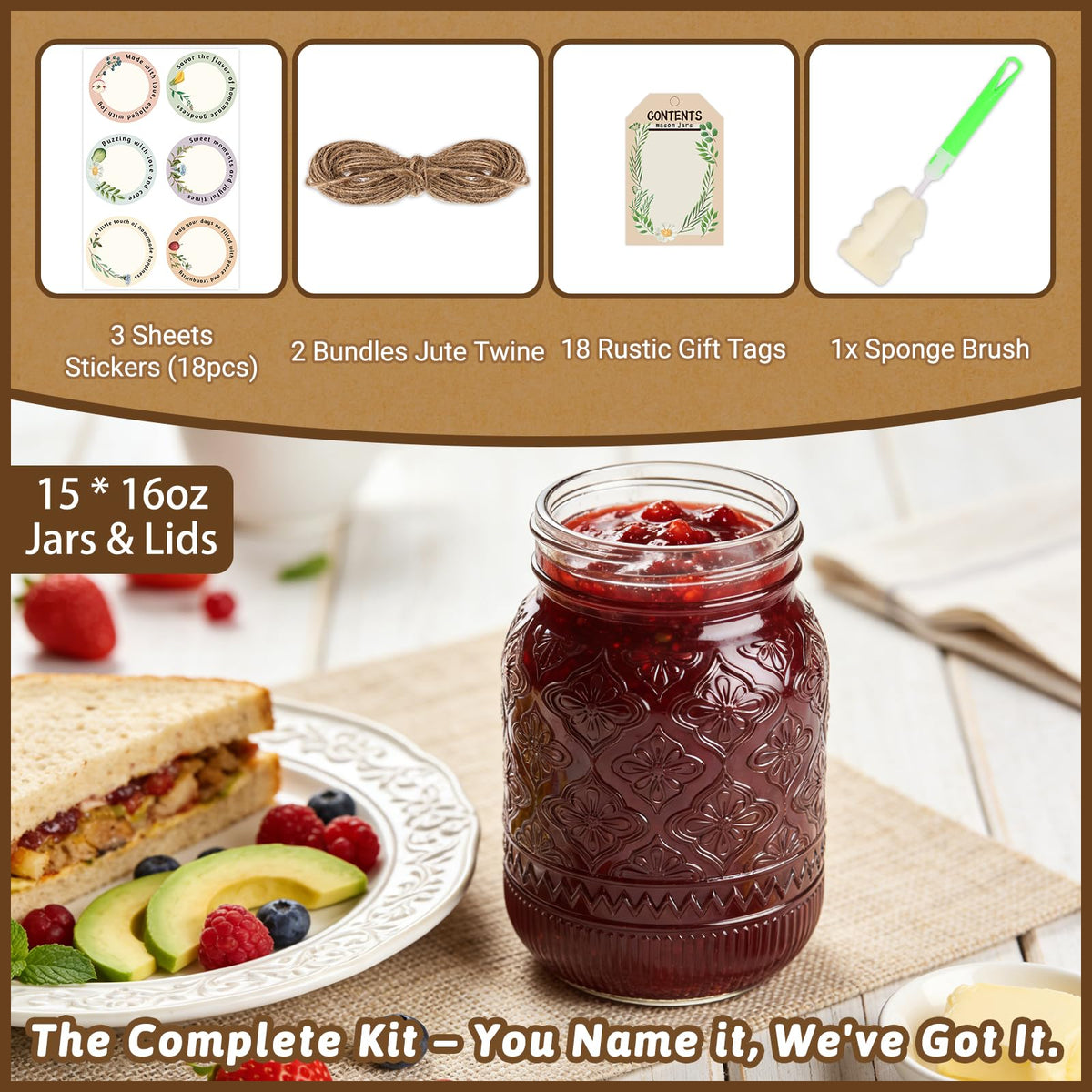 16oz Embossed Mason Jars 15-Pack with Airtight Lids D245366