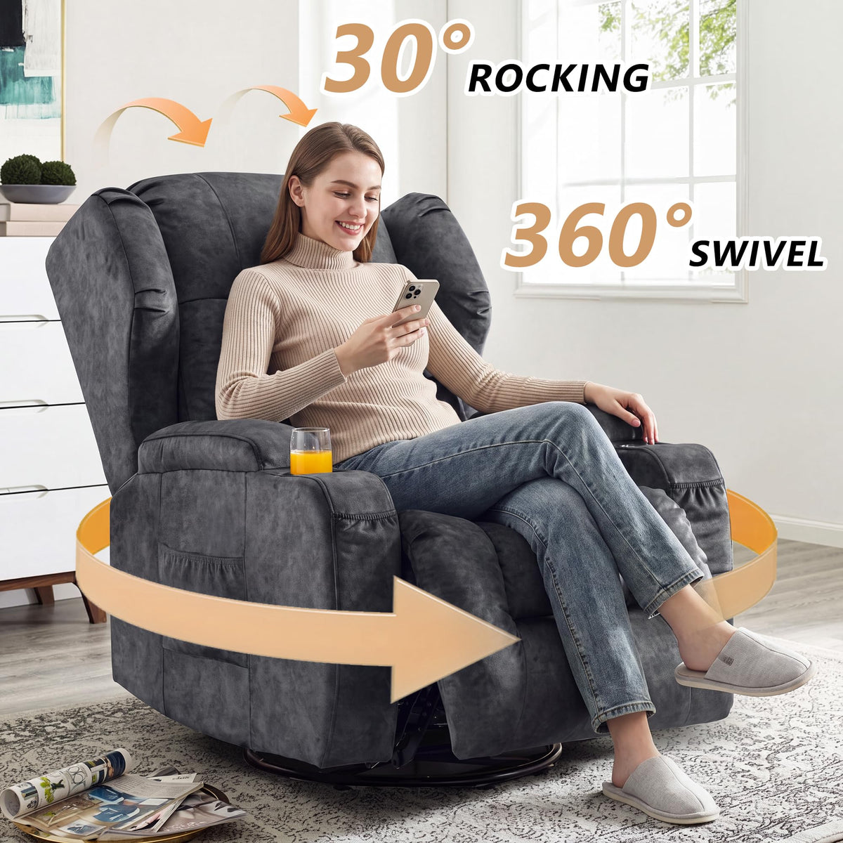Manual Swivel Rocker Recliner Chair Velvet Grey Z625438