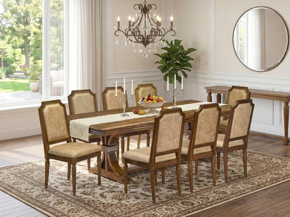 9 Piece Kitchen Table Set with 8 Beige Polyester Fabric Chairs F47532