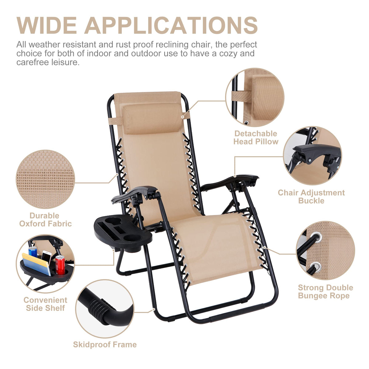 Zero Gravity Chair Set of 2 Folding Recliner with Cup Holder Tray and Pillow S5543