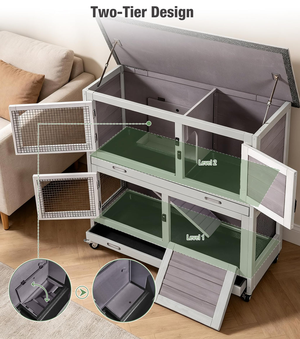 Two-Tier Guinea Pig Cage Rabbit Hutch with Ramp D783871