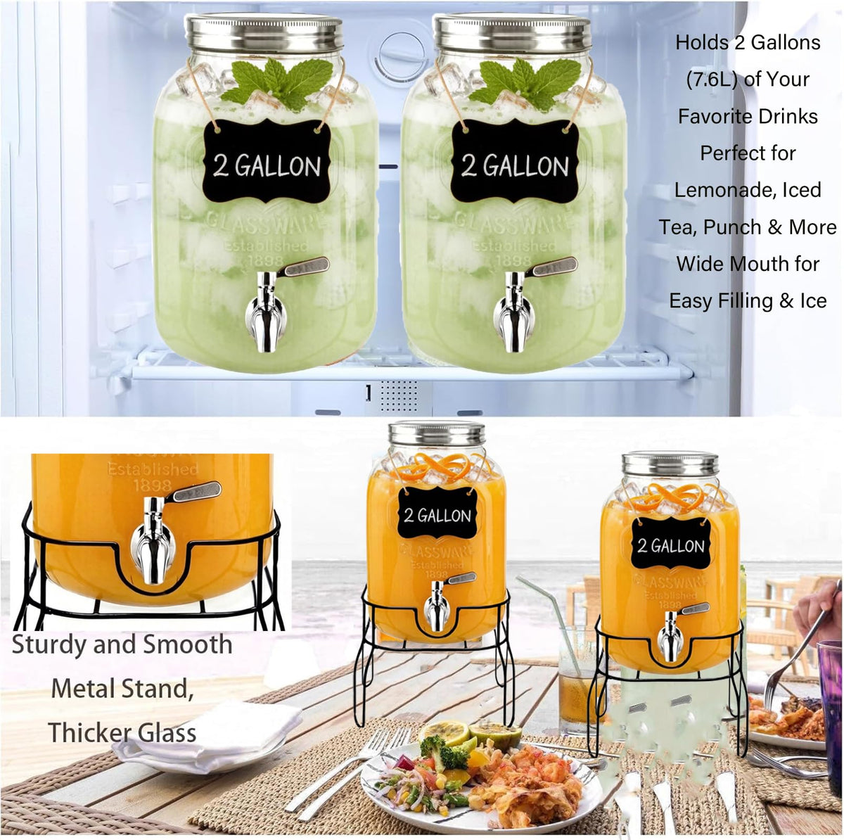 2 Gallon Glass Beverage Dispenser with Stand, Lid & Ice Core H6138